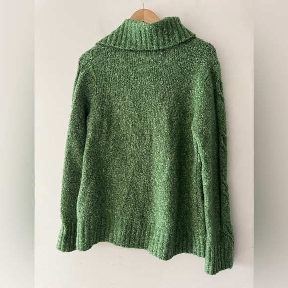 LL Bean Sweater Green Cardigan Cable Knit Chunky Button Turtleneck Wool - Picture 5 of 6